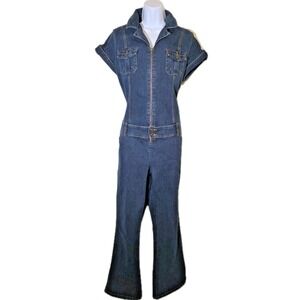 Vtg Y2K Denim Jumpsuit Wide Flare Leg‎ Zip Belted Stretch No Boundaries Junior L